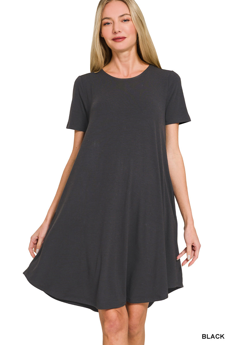 Short Sleeve Round Hem A-line Dress with Side Pockets