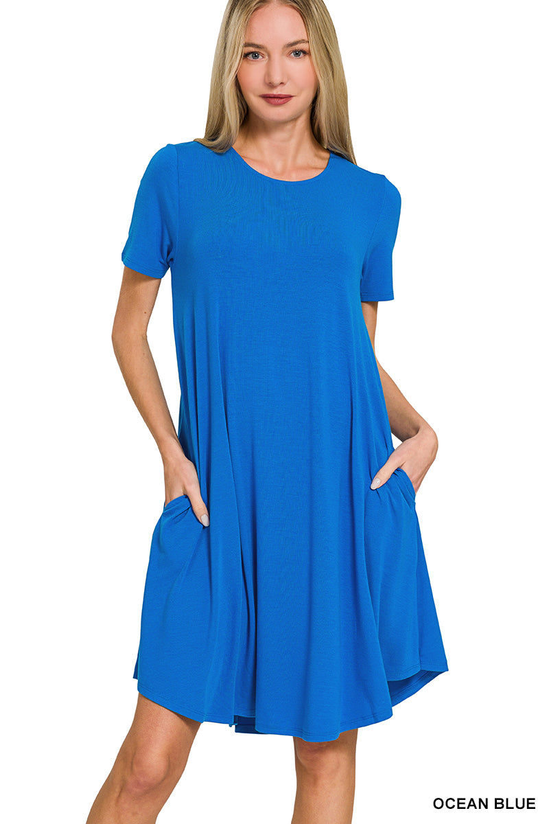 Short Sleeve Round Hem A-line Dress with Side Pockets