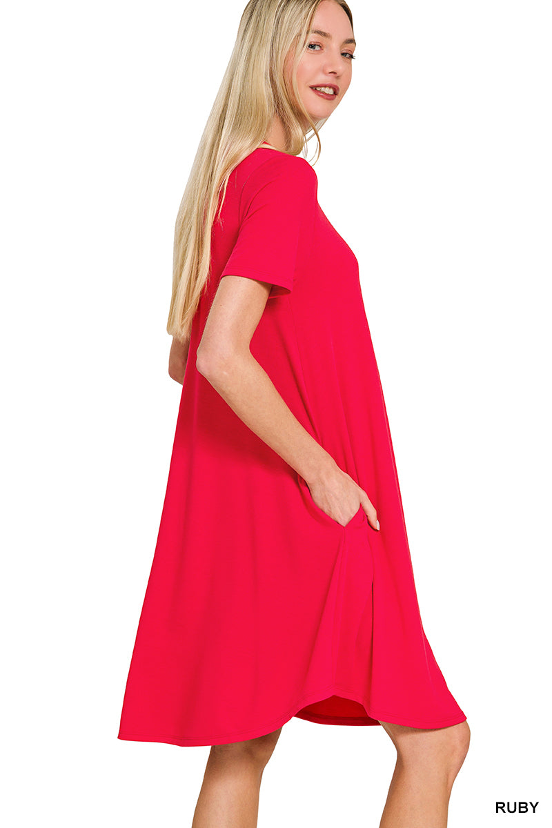 Short Sleeve Round Hem A-line Dress with Side Pockets