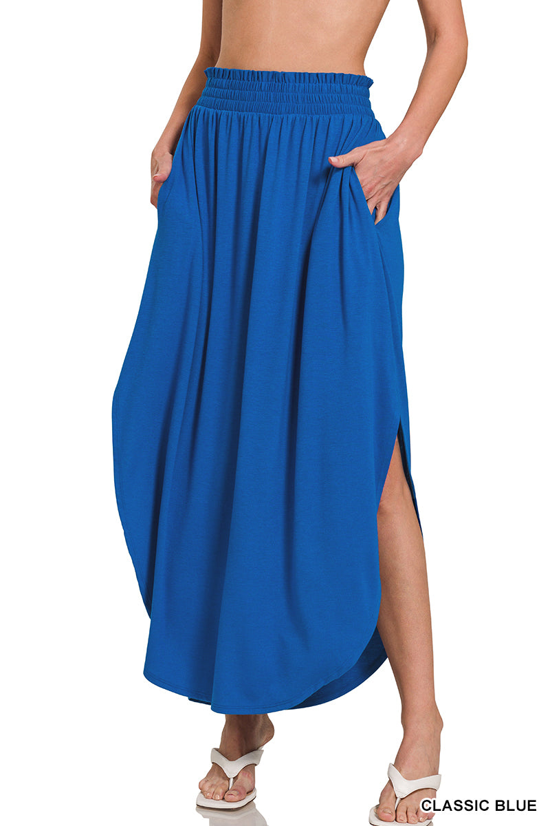 Smoked Waist Slide Slit Maxi Skirt with Pockets