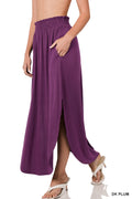 Smoked Waist Slide Slit Maxi Skirt with Pockets