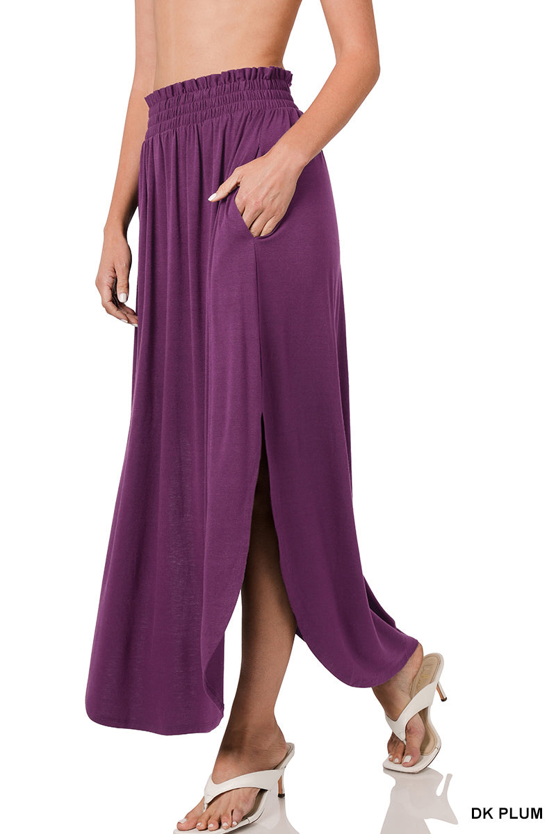 Smoked Waist Slide Slit Maxi Skirt with Pockets