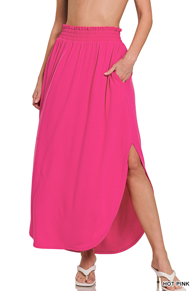 Smoked Waist Slide Slit Maxi Skirt with Pockets