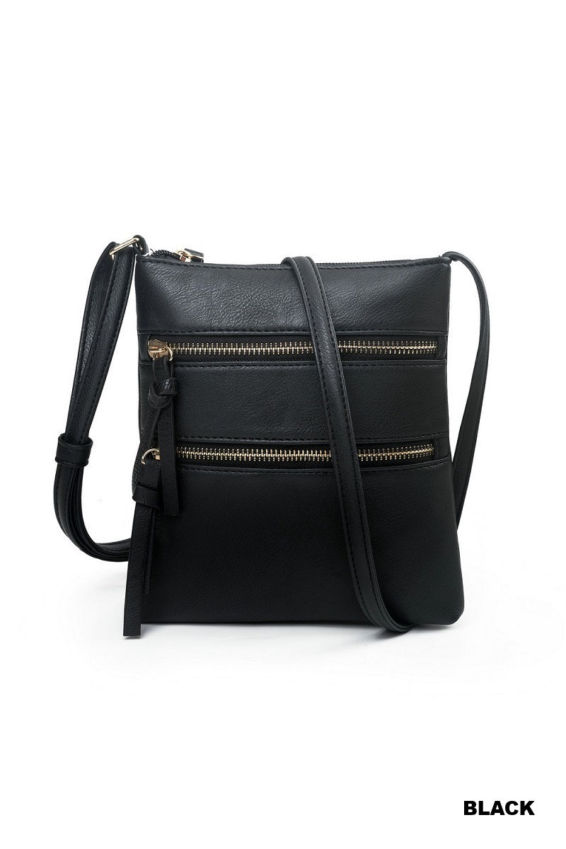 Vegan Leather Triple Zipper Crossbody Shoulder Bag