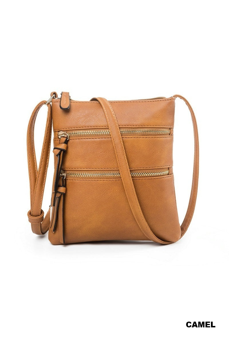 Vegan Leather Triple Zipper Crossbody Shoulder Bag
