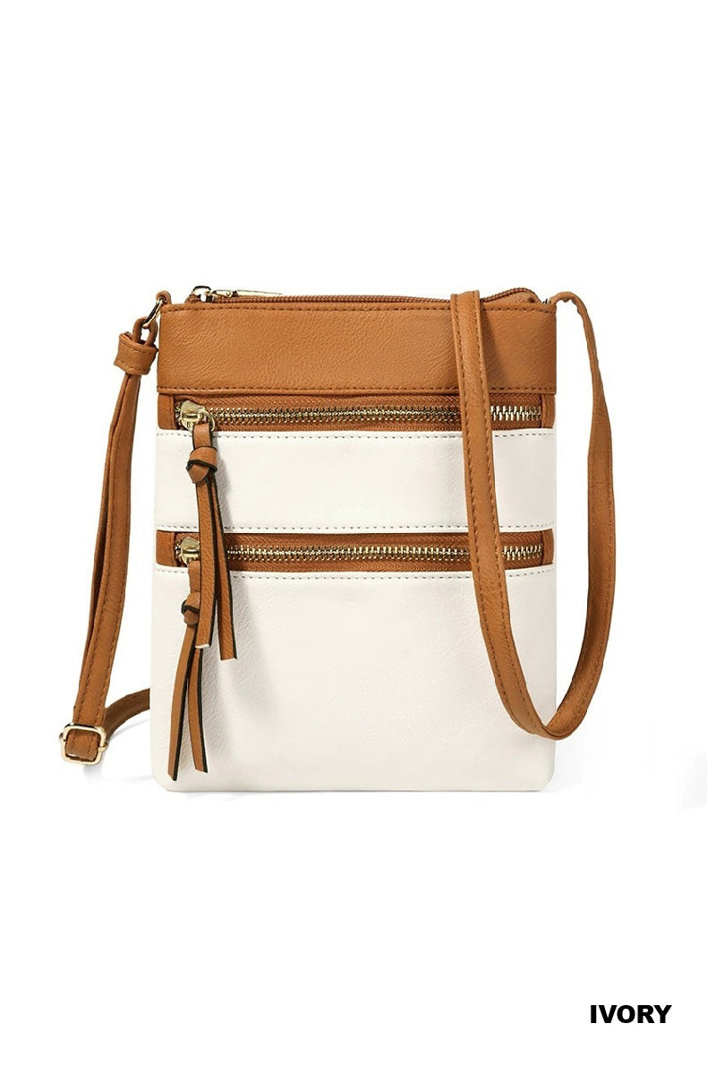 Vegan Leather Triple Zipper Crossbody Shoulder Bag