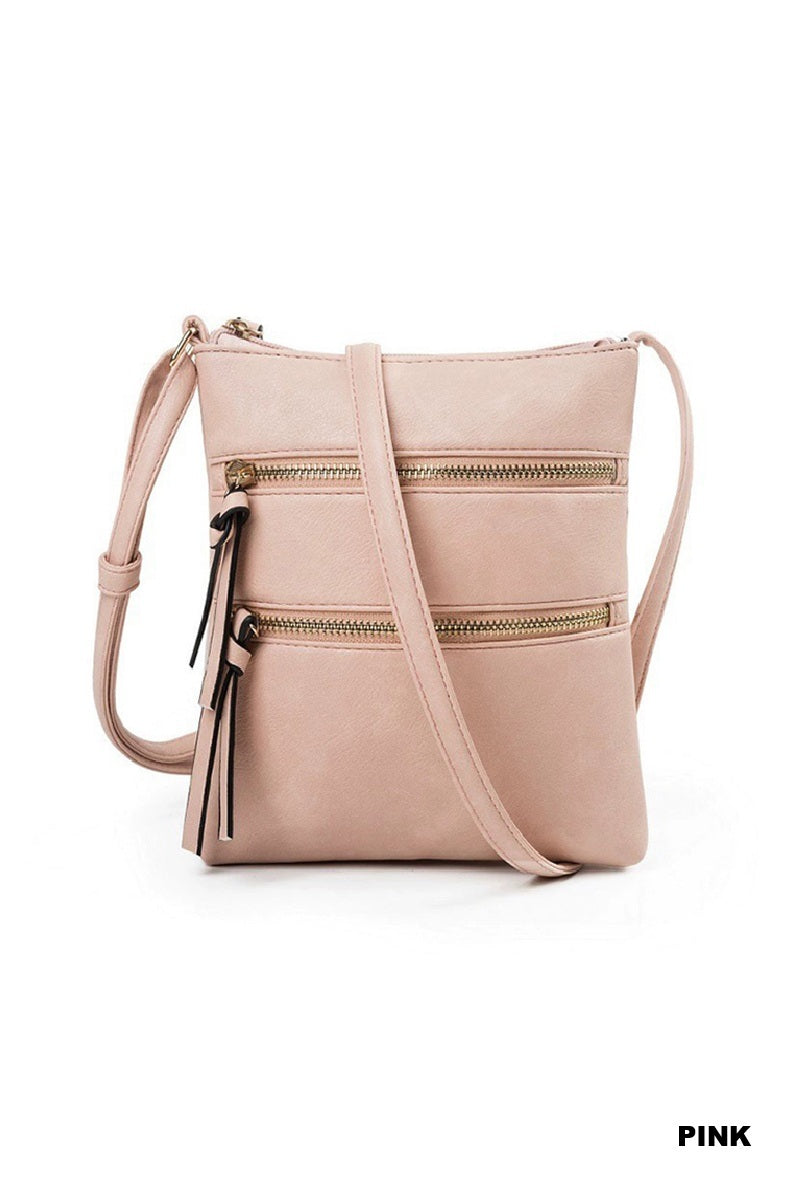Vegan Leather Triple Zipper Crossbody Shoulder Bag