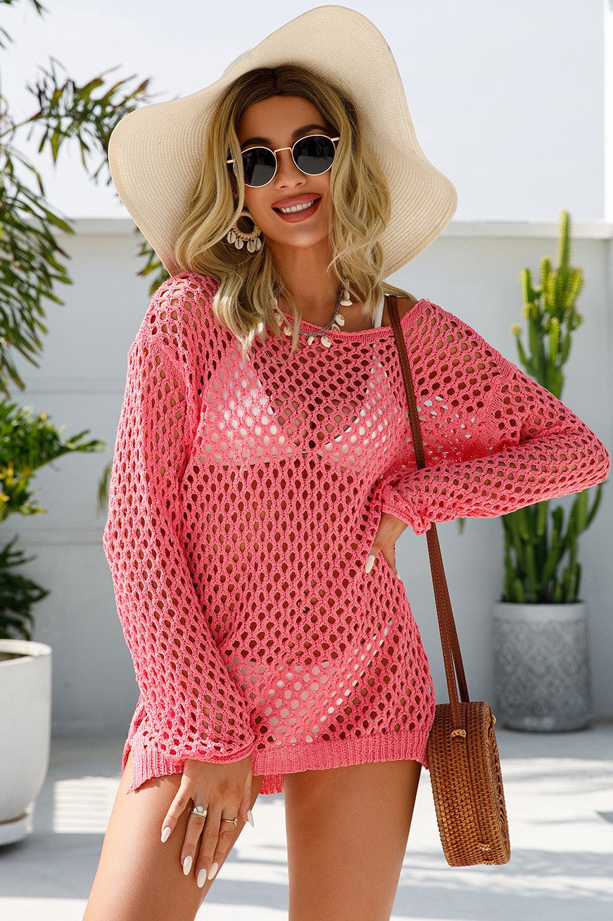 Hollow Out Mesh Long Sleeve Beach Knit Cover-ups