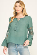 Boho Feminine Lace Gauze Blouse With Bell Sleeves