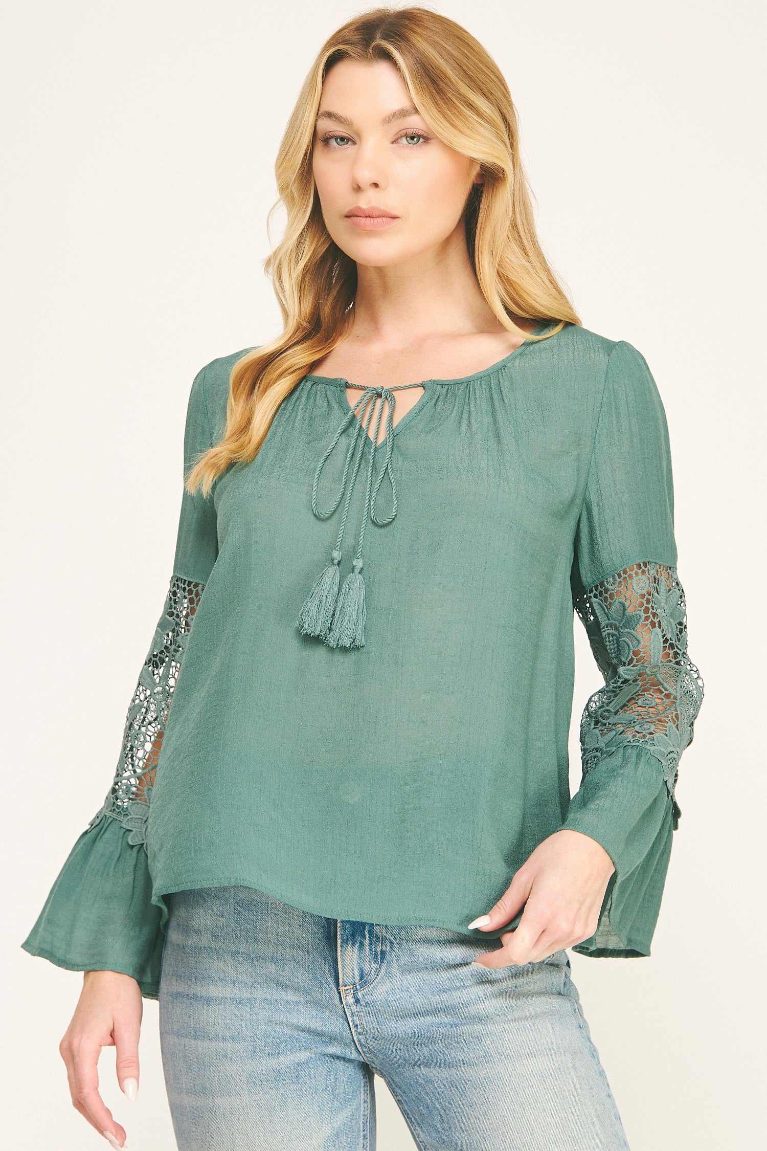Boho Feminine Lace Gauze Blouse With Bell Sleeves