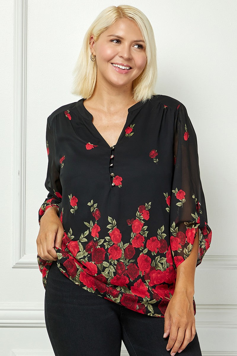 Plus Size Lined Blouse With 3/4 Button Tab Sleeves