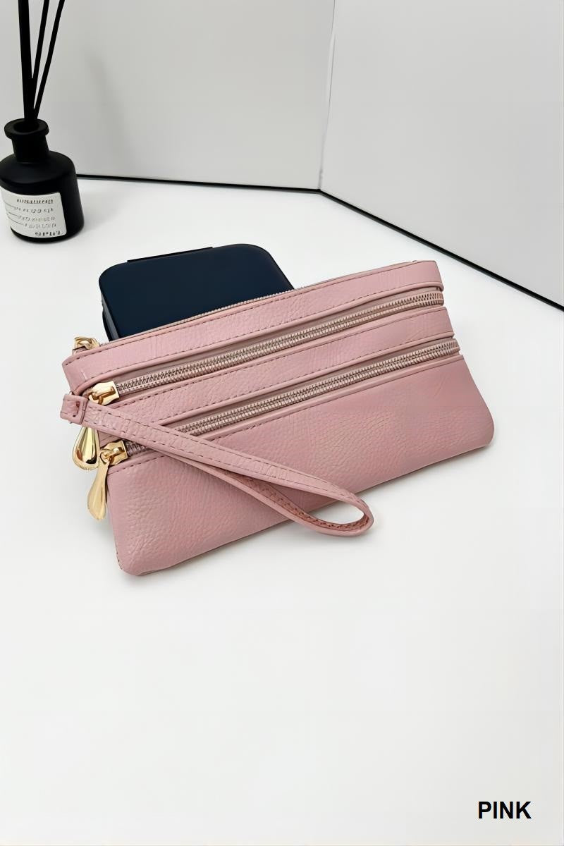 Vegan Leather Triple Zip Wrist Wallet Clutch Purse