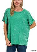 Washed ribbed short sleeve boat-neck top