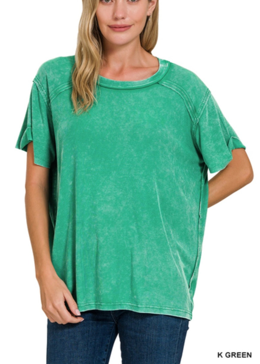 Washed ribbed short sleeve boat-neck top